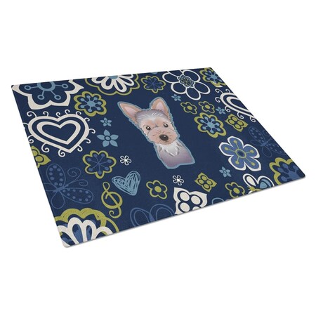 Carolines Treasures Blue Flowers Yorkie Puppy Glass Cutting Board Large BB5083LCB